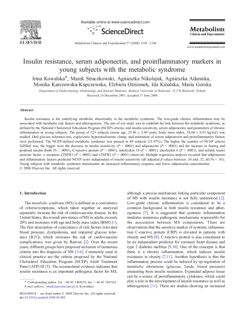 Insulin resistance, serum adiponectin, and proinflammatory markers in young subjects with the metabolic syndrome