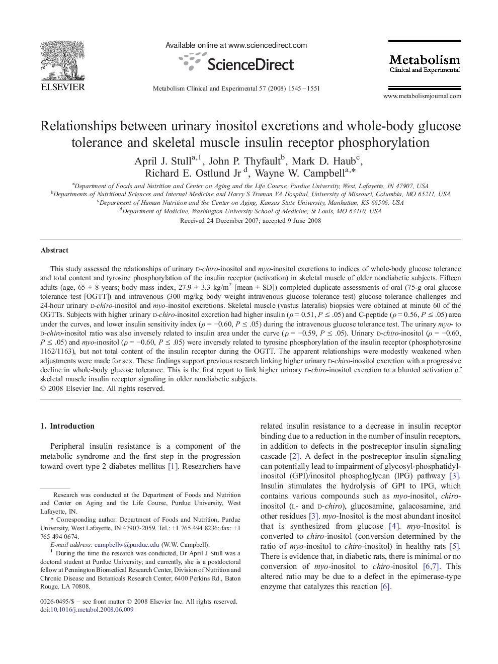 Relationships between urinary inositol excretions and whole-body glucose tolerance and skeletal muscle insulin receptor phosphorylation 