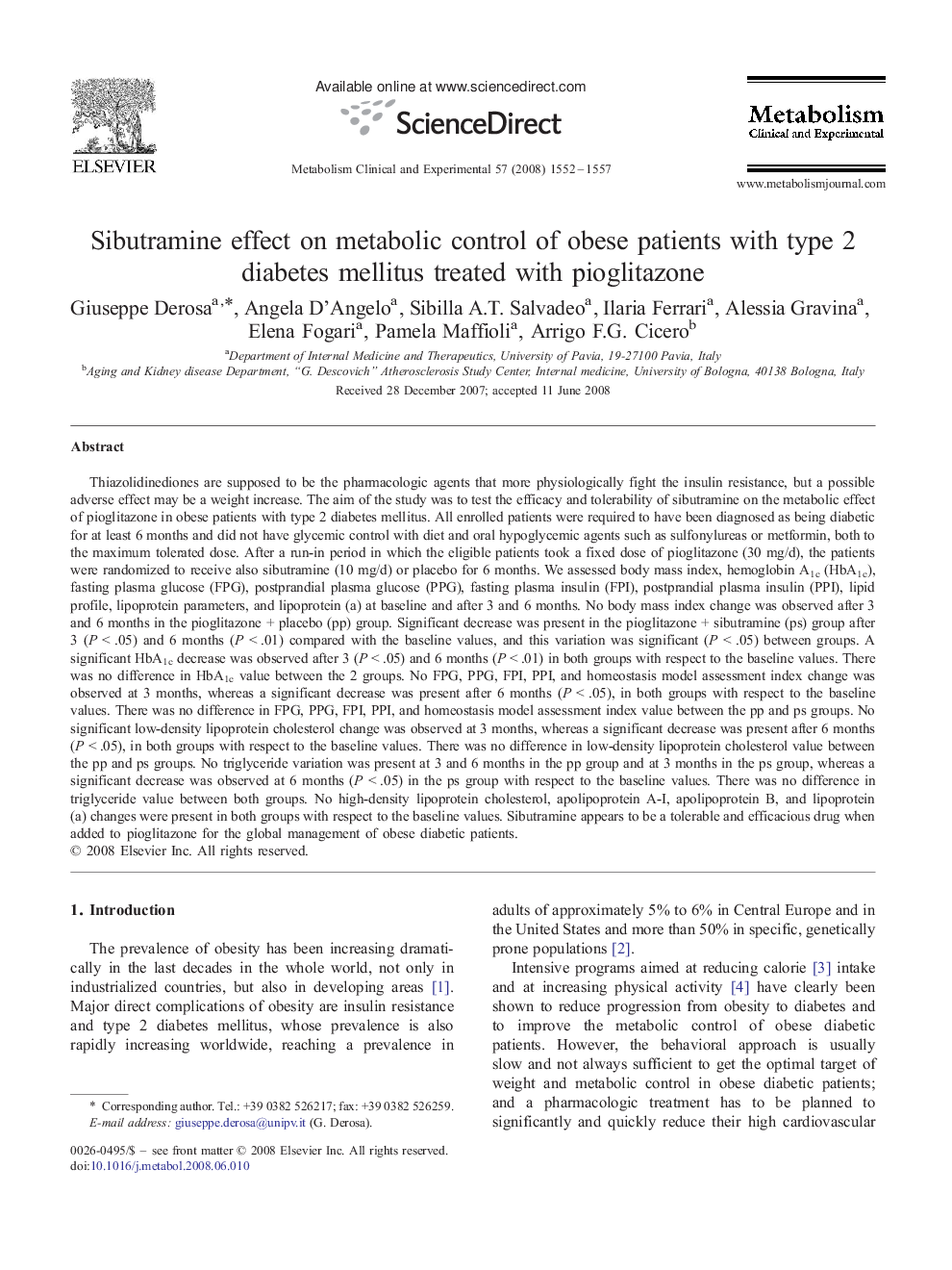 Sibutramine effect on metabolic control of obese patients with type 2 diabetes mellitus treated with pioglitazone