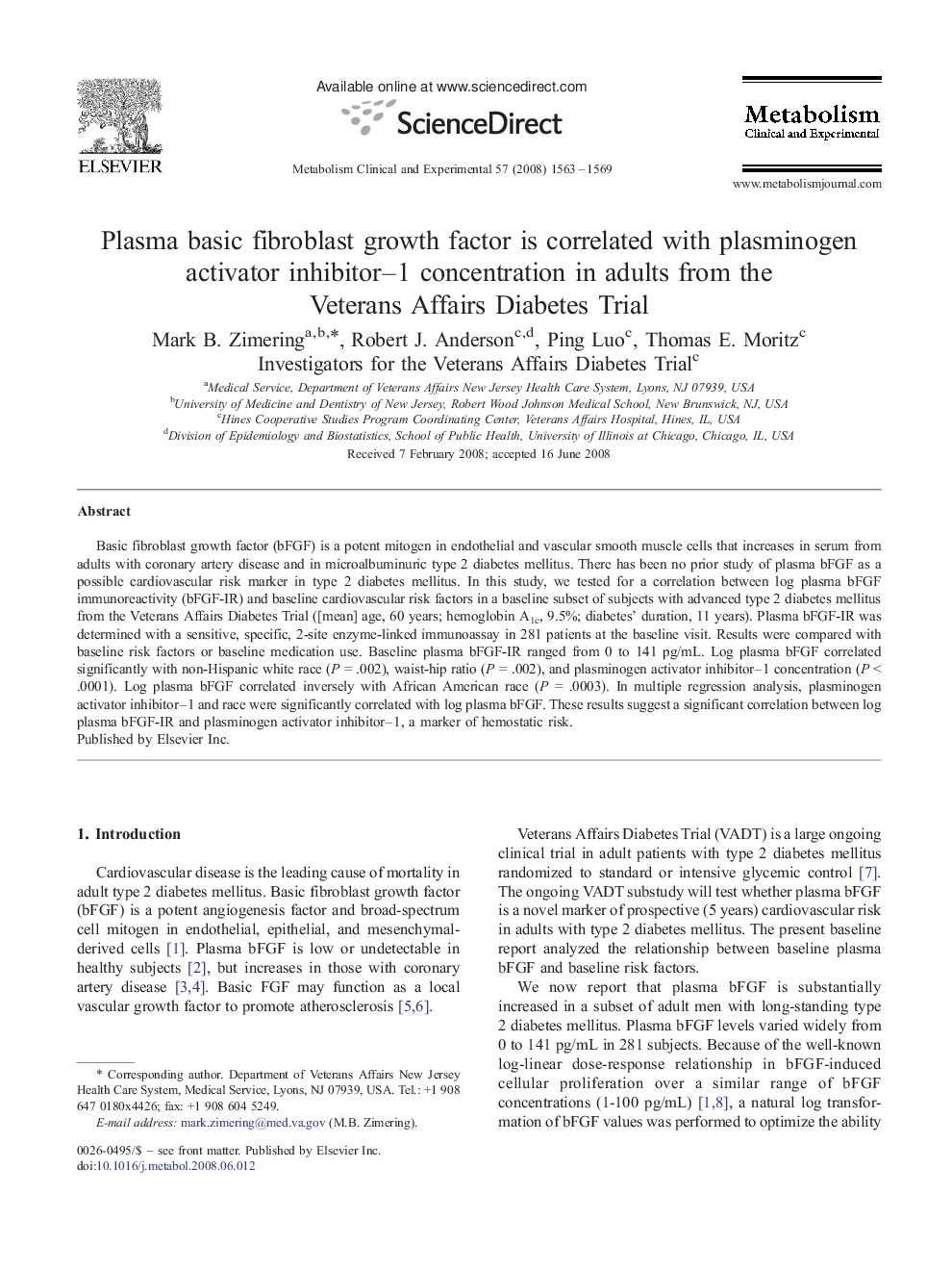 Plasma basic fibroblast growth factor is correlated with plasminogen activator inhibitor–1 concentration in adults from the Veterans Affairs Diabetes Trial