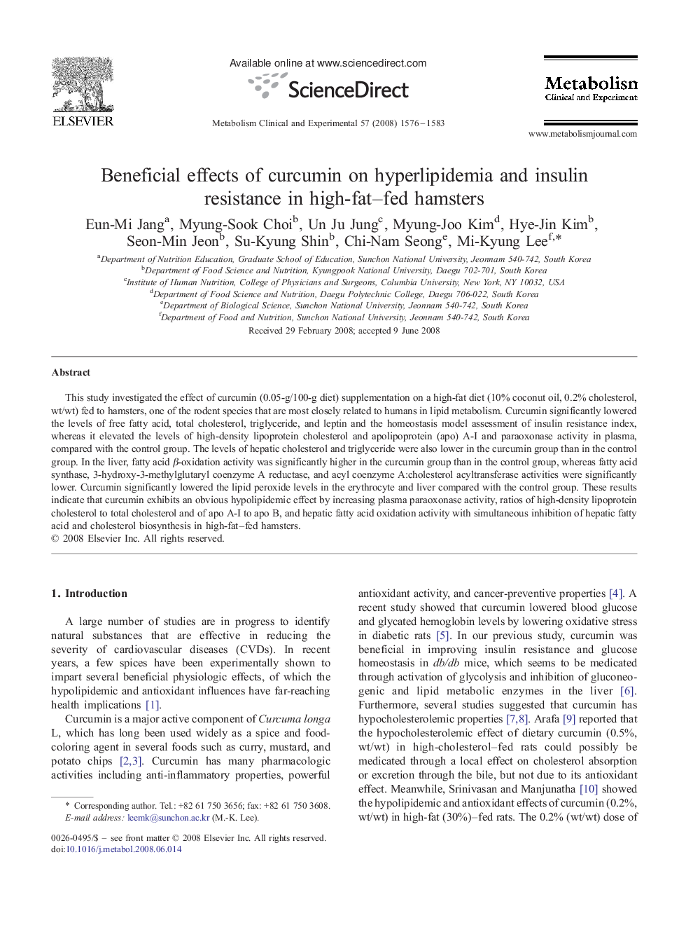 Beneficial effects of curcumin on hyperlipidemia and insulin resistance in high-fat–fed hamsters