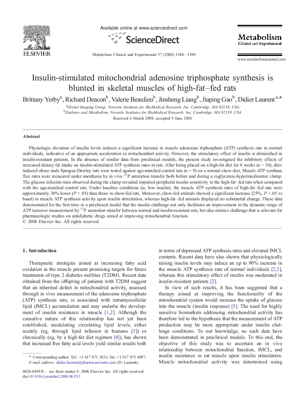 Insulin-stimulated mitochondrial adenosine triphosphate synthesis is blunted in skeletal muscles of high-fat–fed rats