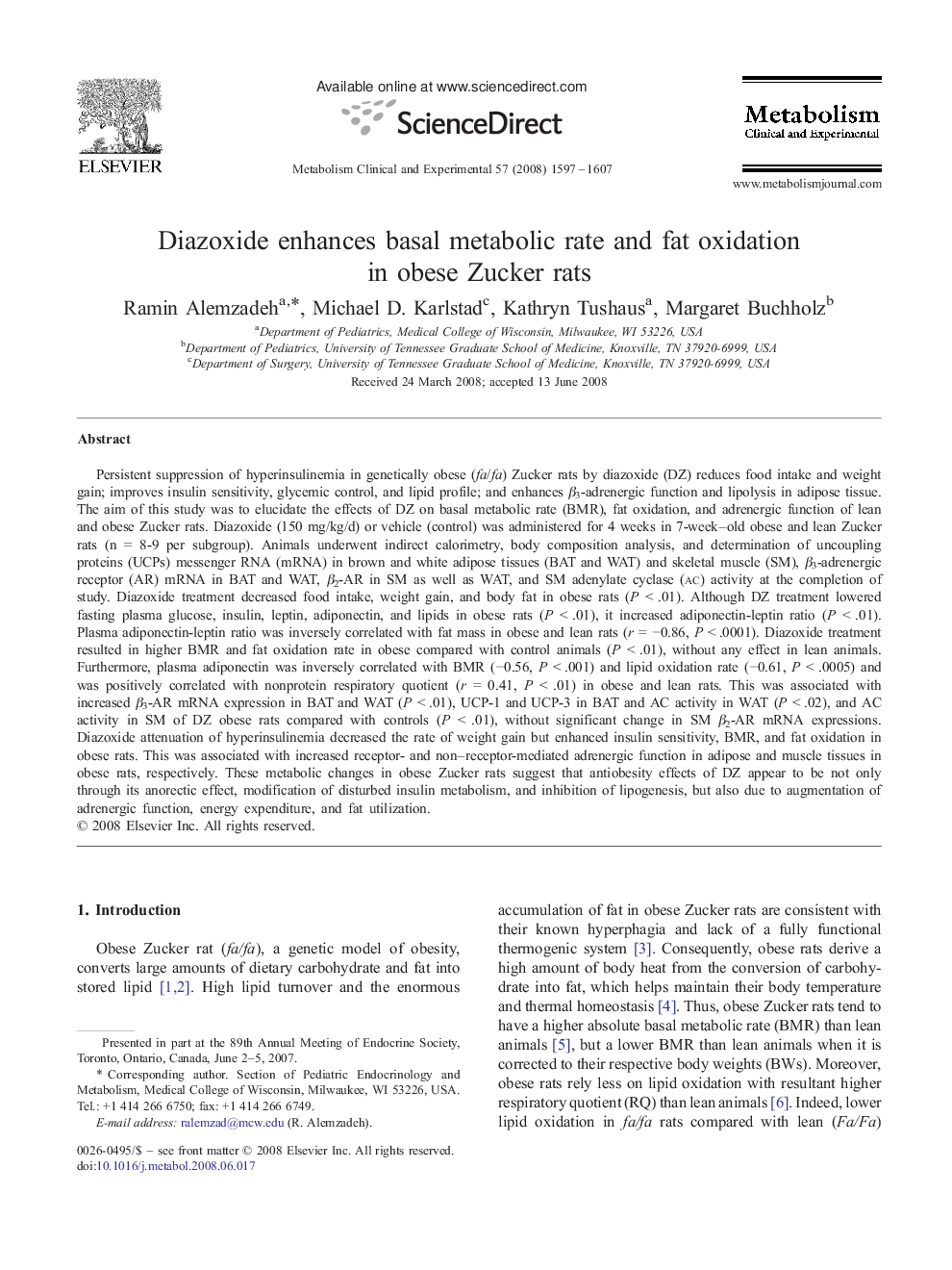 Diazoxide enhances basal metabolic rate and fat oxidation in obese Zucker rats