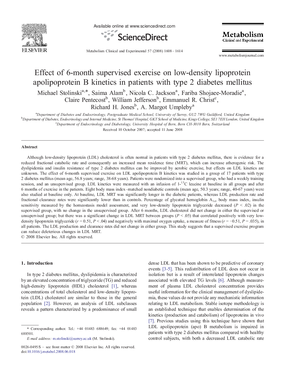 Effect of 6-month supervised exercise on low-density lipoprotein apolipoprotein B kinetics in patients with type 2 diabetes mellitus