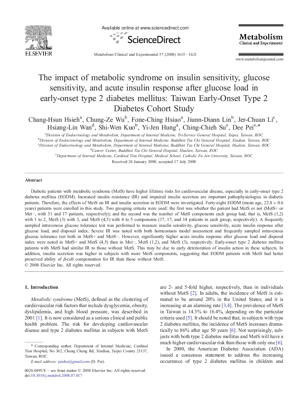 The impact of metabolic syndrome on insulin sensitivity, glucose sensitivity, and acute insulin response after glucose load in early-onset type 2 diabetes mellitus: Taiwan Early-Onset Type 2 Diabetes Cohort Study