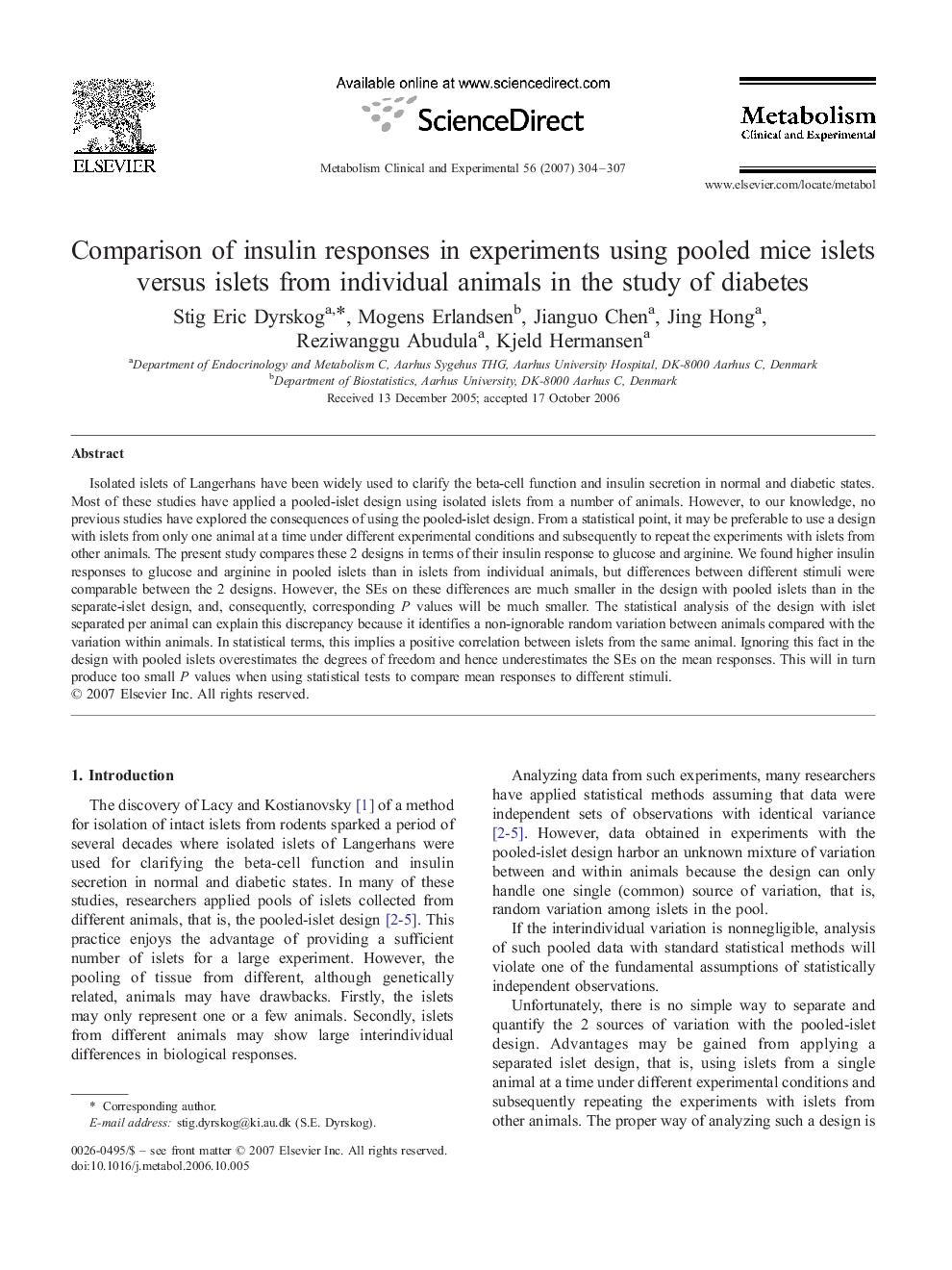 Comparison of insulin responses in experiments using pooled mice islets versus islets from individual animals in the study of diabetes