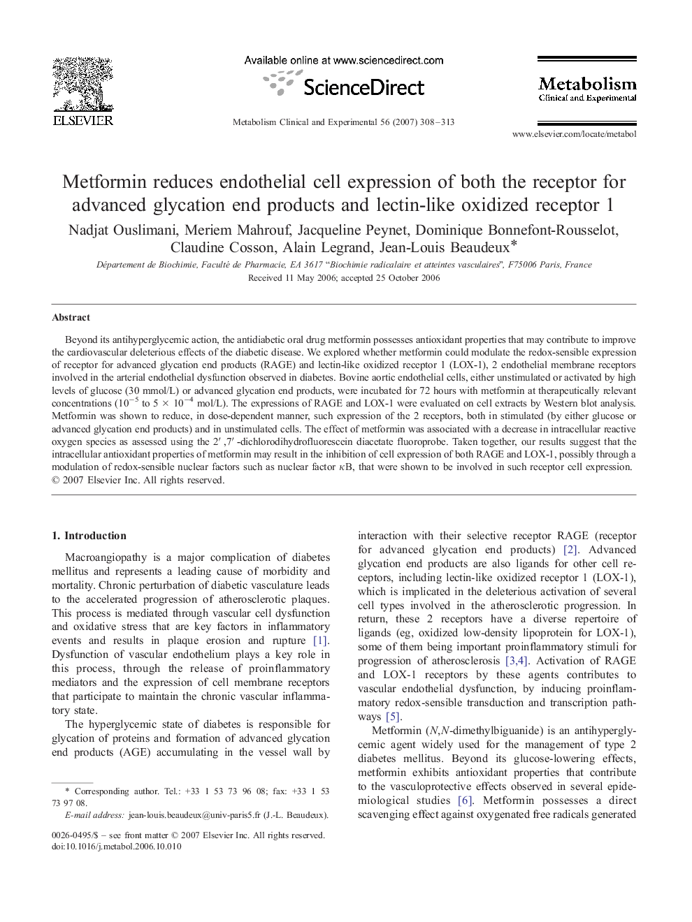 Metformin reduces endothelial cell expression of both the receptor for advanced glycation end products and lectin-like oxidized receptor 1