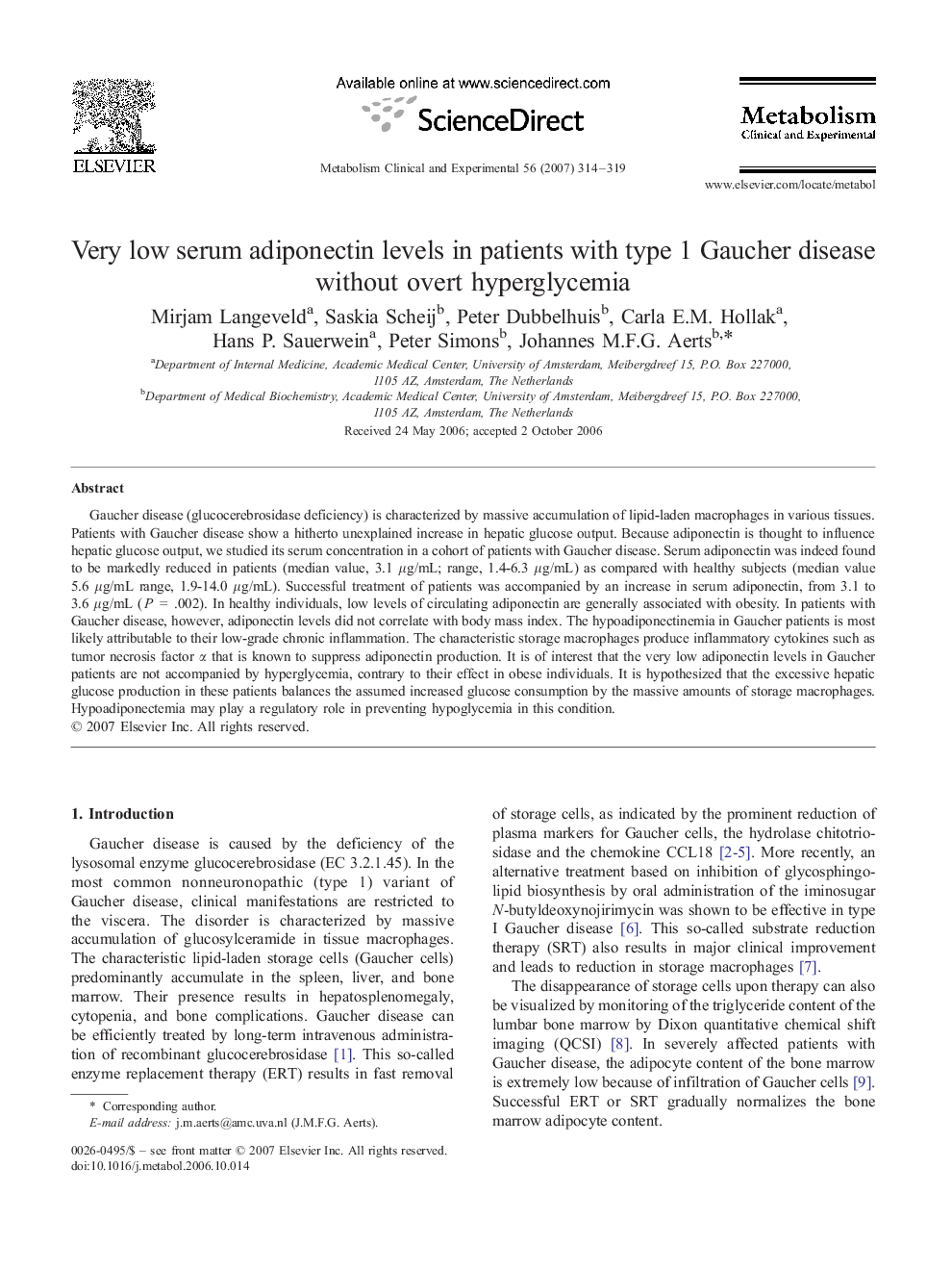 Very low serum adiponectin levels in patients with type 1 Gaucher disease without overt hyperglycemia