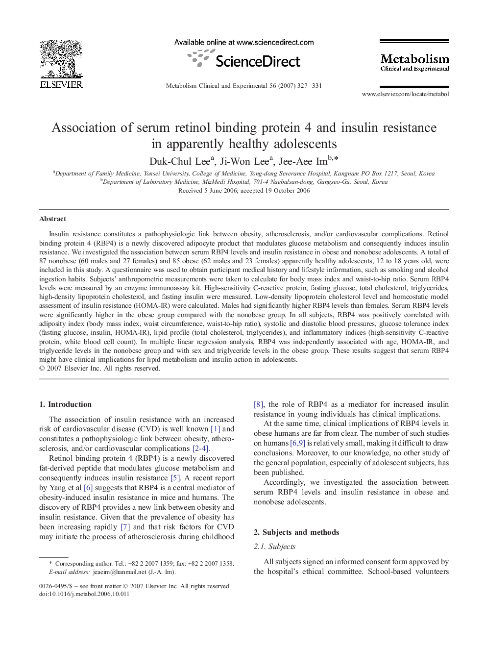 Association of serum retinol binding protein 4 and insulin resistance in apparently healthy adolescents