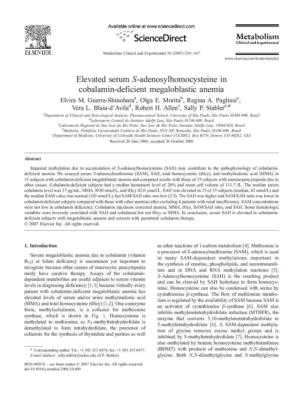 Elevated serum S-adenosylhomocysteine in cobalamin-deficient megaloblastic anemia