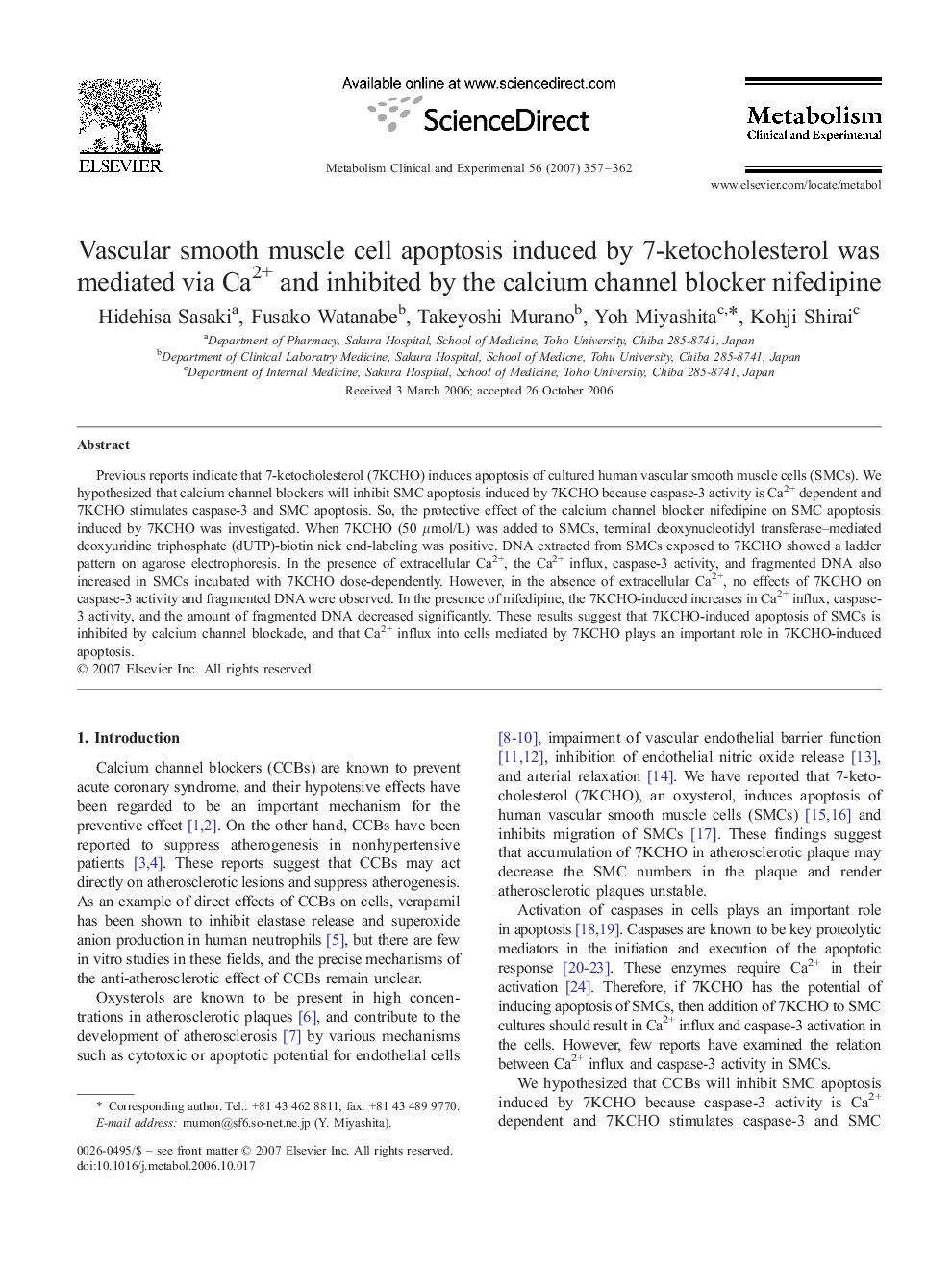 Vascular smooth muscle cell apoptosis induced by 7-ketocholesterol was mediated via Ca2+ and inhibited by the calcium channel blocker nifedipine