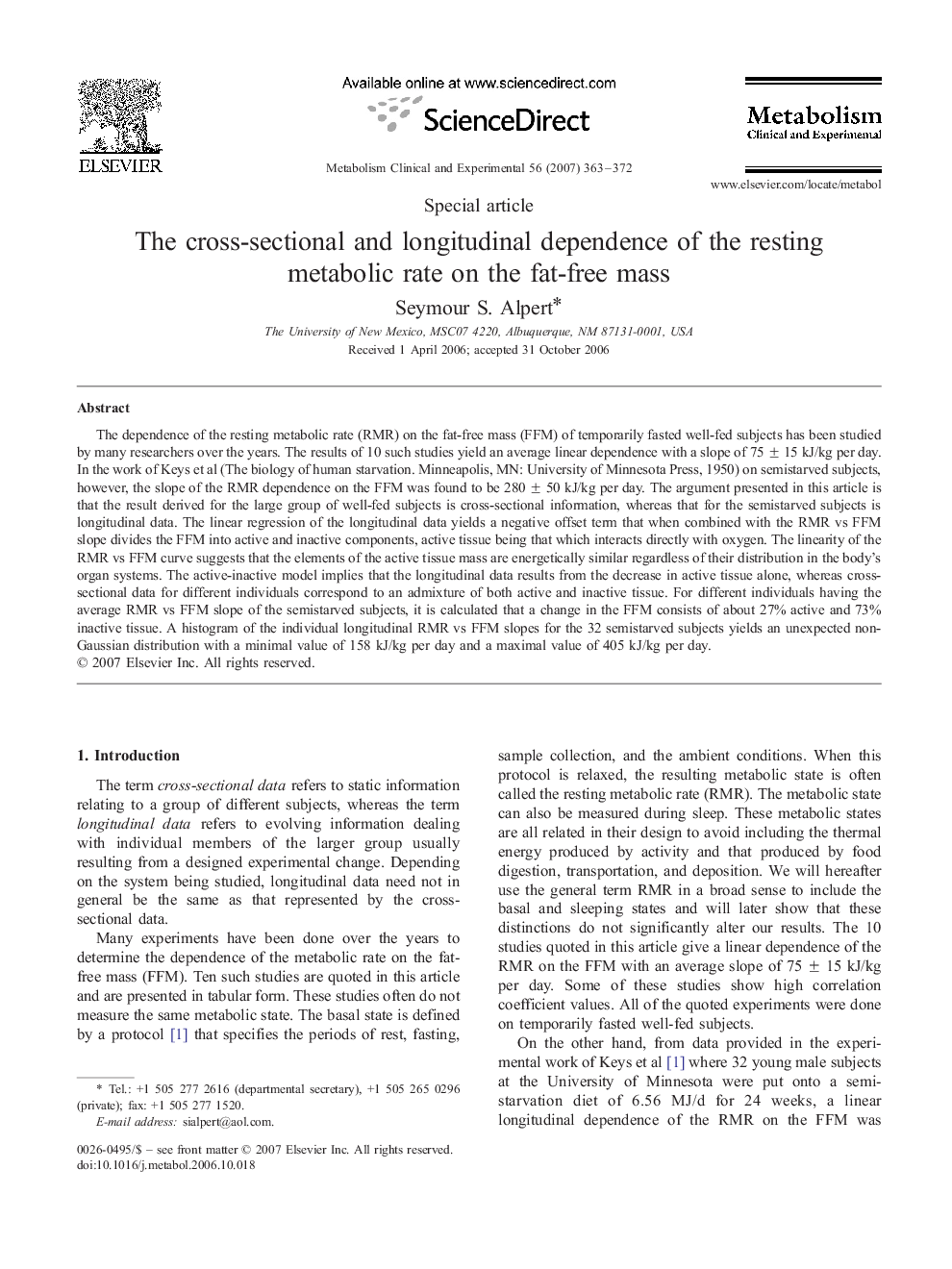 The cross-sectional and longitudinal dependence of the resting metabolic rate on the fat-free mass