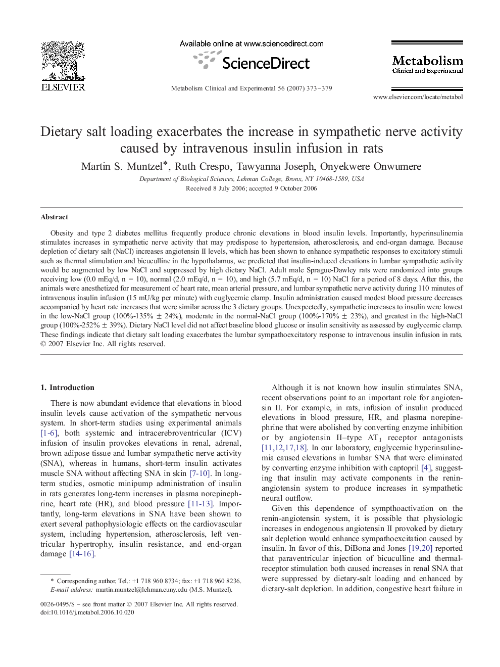 Dietary salt loading exacerbates the increase in sympathetic nerve activity caused by intravenous insulin infusion in rats