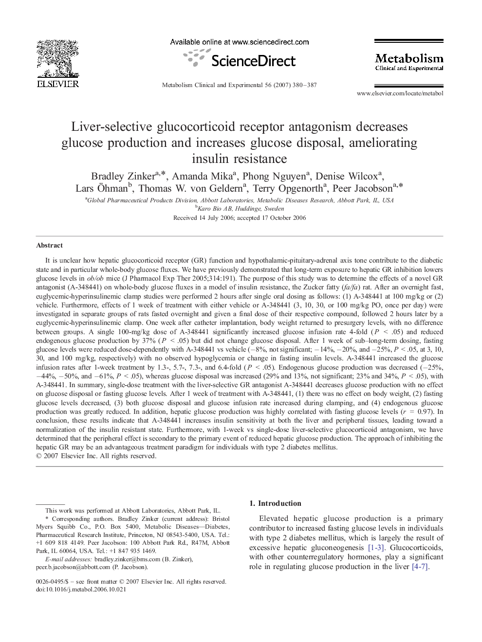 Liver-selective glucocorticoid receptor antagonism decreases glucose production and increases glucose disposal, ameliorating insulin resistance 