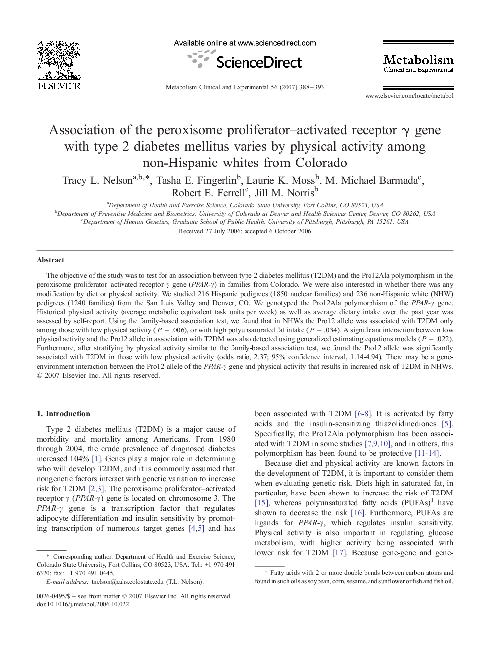 Association of the peroxisome proliferator–activated receptor γ gene with type 2 diabetes mellitus varies by physical activity among non-Hispanic whites from Colorado
