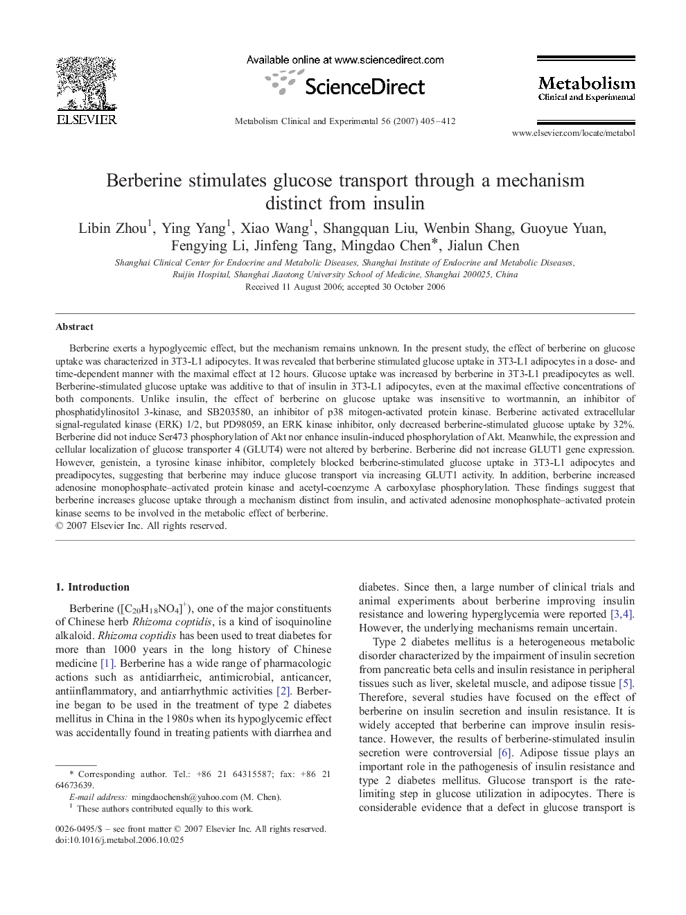 Berberine stimulates glucose transport through a mechanism distinct from insulin