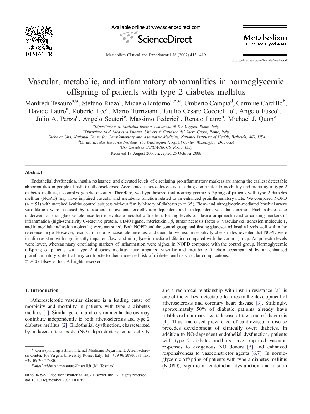 Vascular, metabolic, and inflammatory abnormalities in normoglycemic offspring of patients with type 2 diabetes mellitus