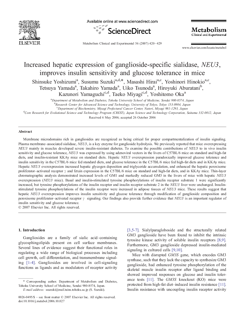 Increased hepatic expression of ganglioside-specific sialidase, NEU3, improves insulin sensitivity and glucose tolerance in mice
