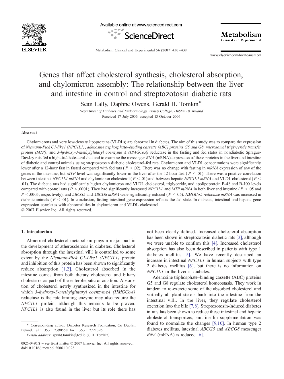 Genes that affect cholesterol synthesis, cholesterol absorption, and chylomicron assembly: The relationship between the liver and intestine in control and streptozotosin diabetic rats
