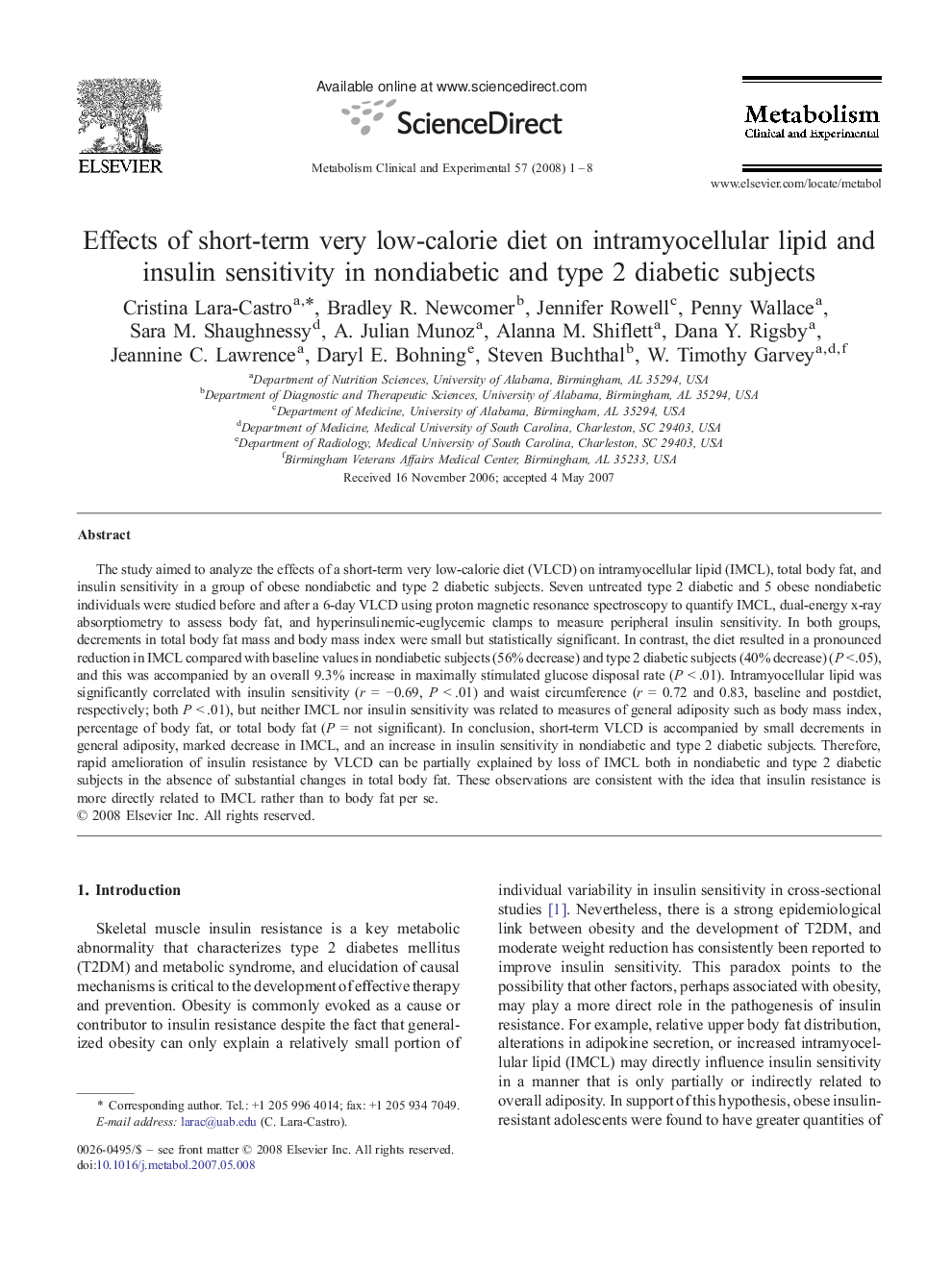 Effects of short-term very low-calorie diet on intramyocellular lipid and insulin sensitivity in nondiabetic and type 2 diabetic subjects