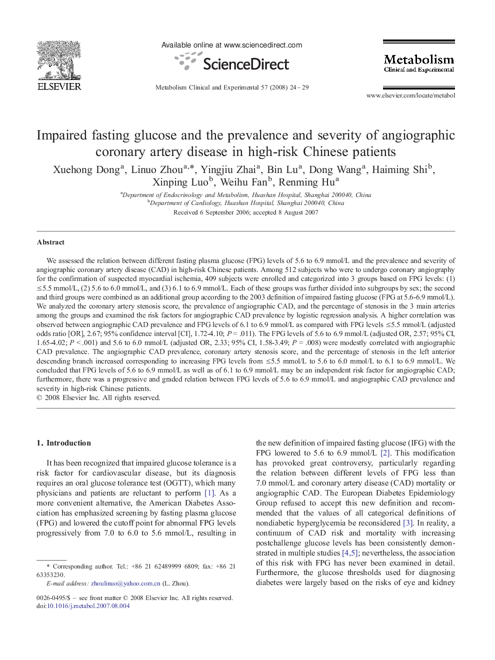 Impaired fasting glucose and the prevalence and severity of angiographic coronary artery disease in high-risk Chinese patients