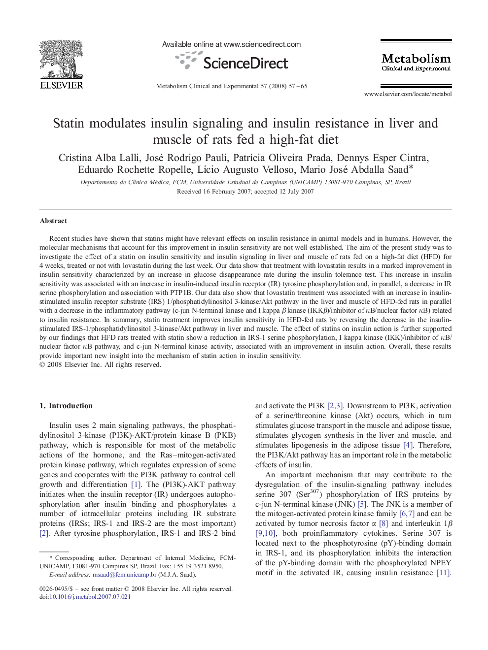 Statin modulates insulin signaling and insulin resistance in liver and muscle of rats fed a high-fat diet