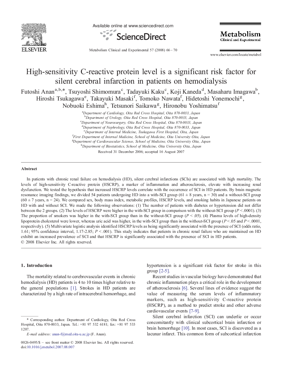 High-sensitivity C-reactive protein level is a significant risk factor for silent cerebral infarction in patients on hemodialysis