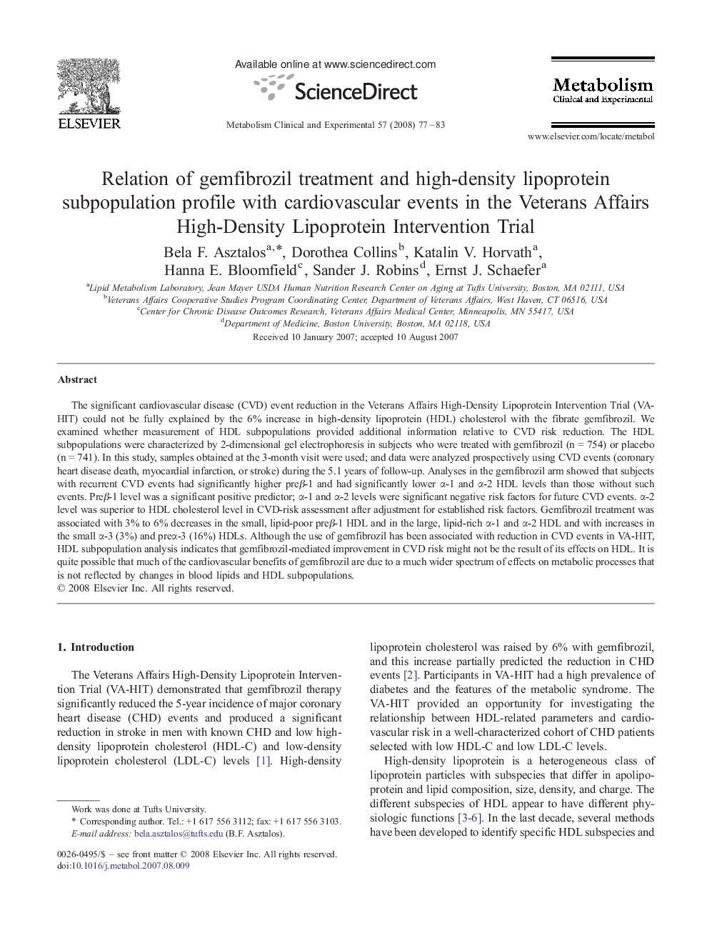 Relation of gemfibrozil treatment and high-density lipoprotein subpopulation profile with cardiovascular events in the Veterans Affairs High-Density Lipoprotein Intervention Trial