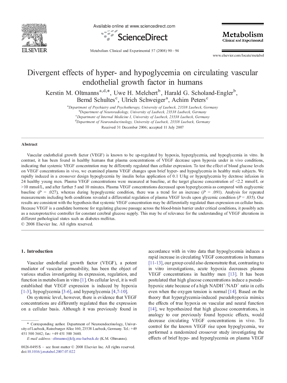 Divergent effects of hyper- and hypoglycemia on circulating vascular endothelial growth factor in humans