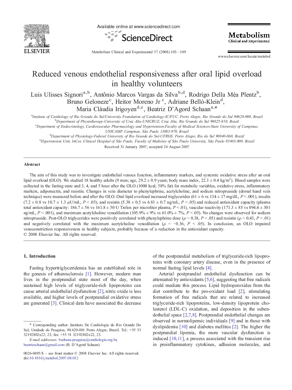 Reduced venous endothelial responsiveness after oral lipid overload in healthy volunteers