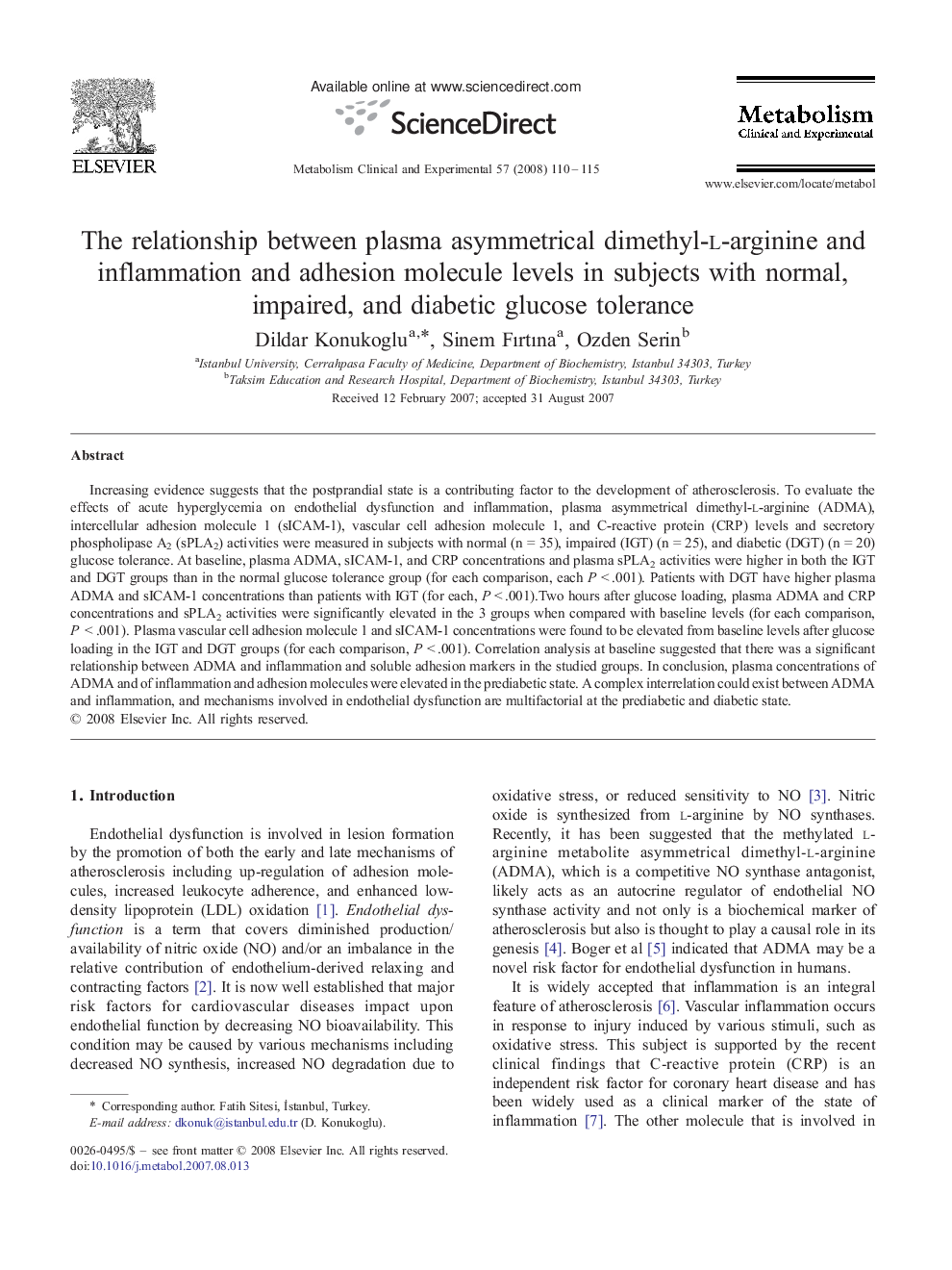 The relationship between plasma asymmetrical dimethyl-l-arginine and inflammation and adhesion molecule levels in subjects with normal, impaired, and diabetic glucose tolerance