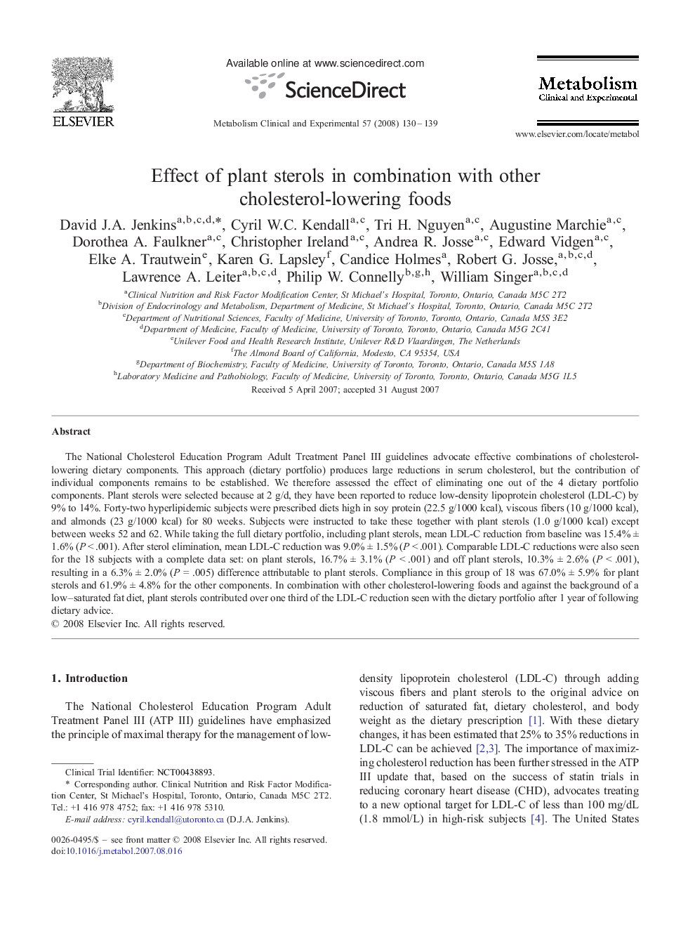 Effect of plant sterols in combination with other cholesterol-lowering foods 