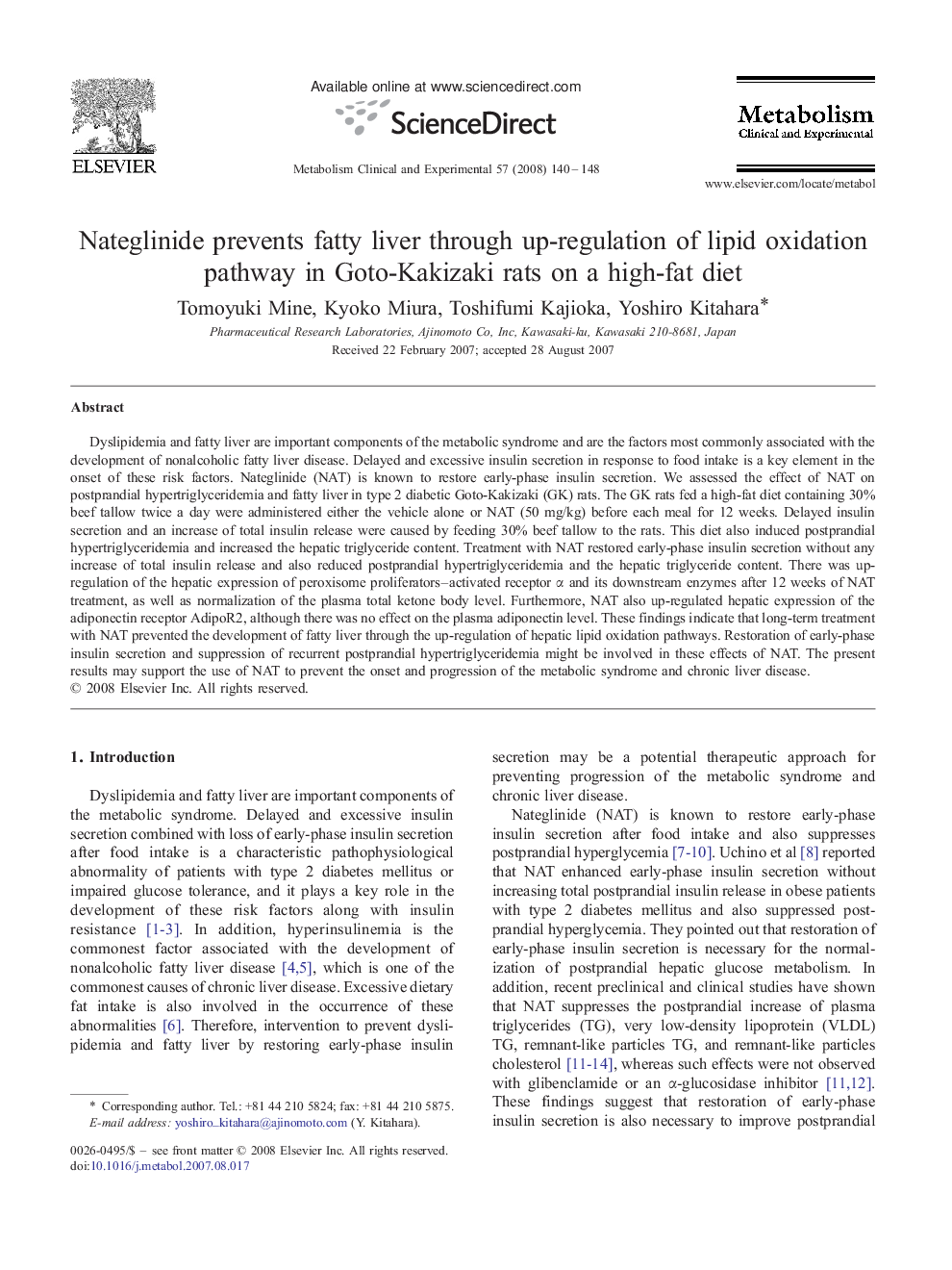 Nateglinide prevents fatty liver through up-regulation of lipid oxidation pathway in Goto-Kakizaki rats on a high-fat diet