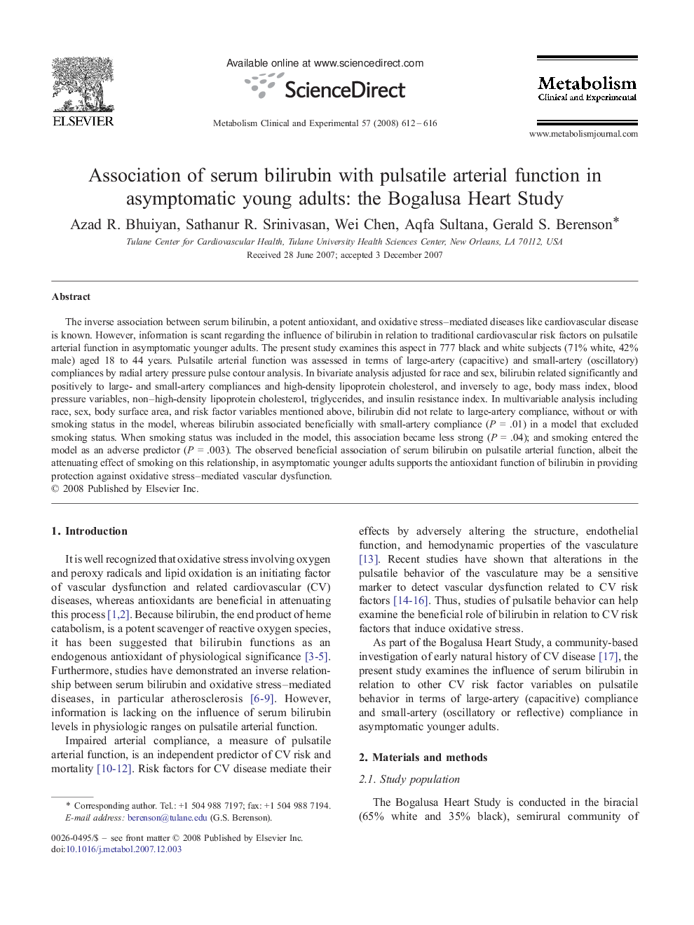 عکس صفحه اول مقاله: Association of serum bilirubin with pulsatile arterial function in asymptomatic young adults: the Bogalusa Heart Study Association of serum bilirubin with pulsatile arterial function in asymptomatic young adults: the Bogalusa Heart Study