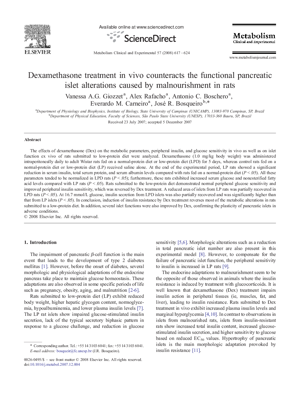Dexamethasone treatment in vivo counteracts the functional pancreatic islet alterations caused by malnourishment in rats