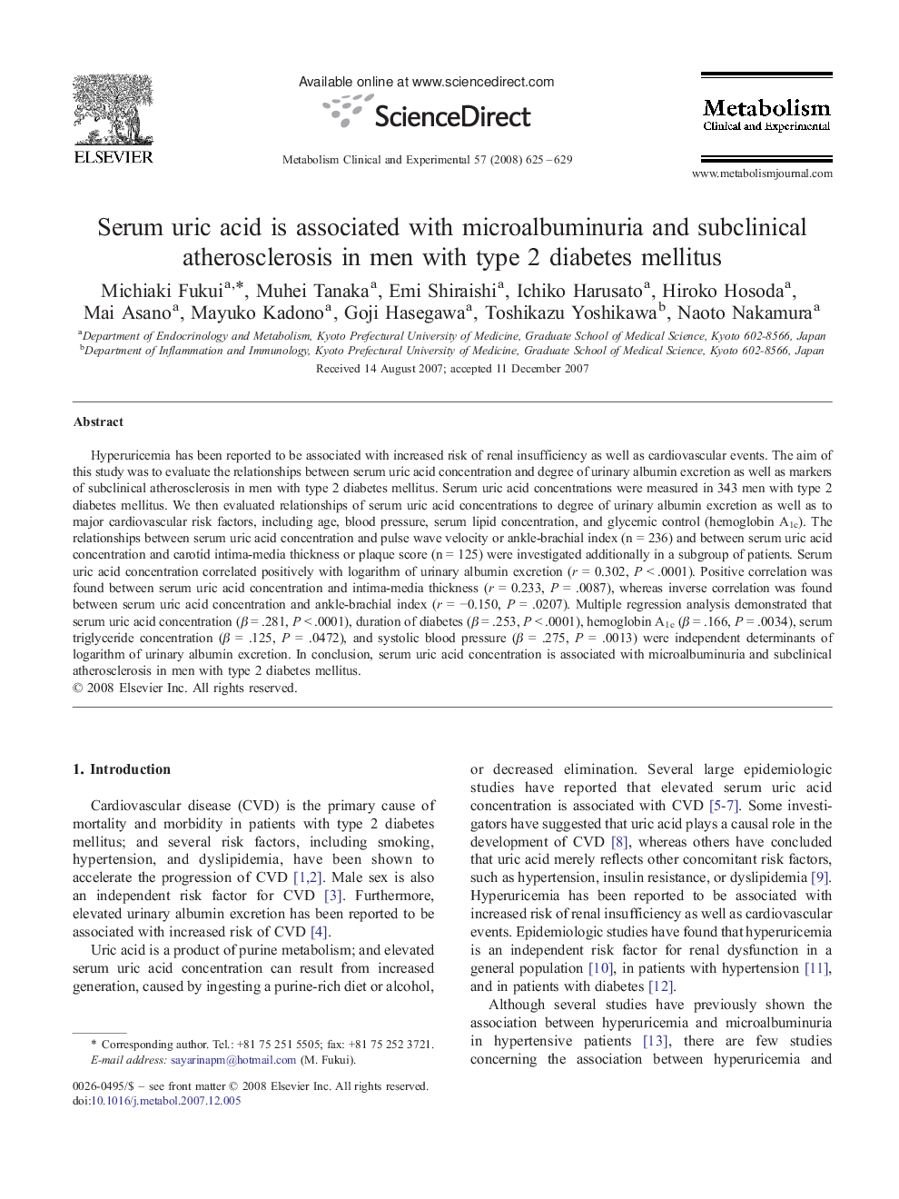 Serum uric acid is associated with microalbuminuria and subclinical atherosclerosis in men with type 2 diabetes mellitus