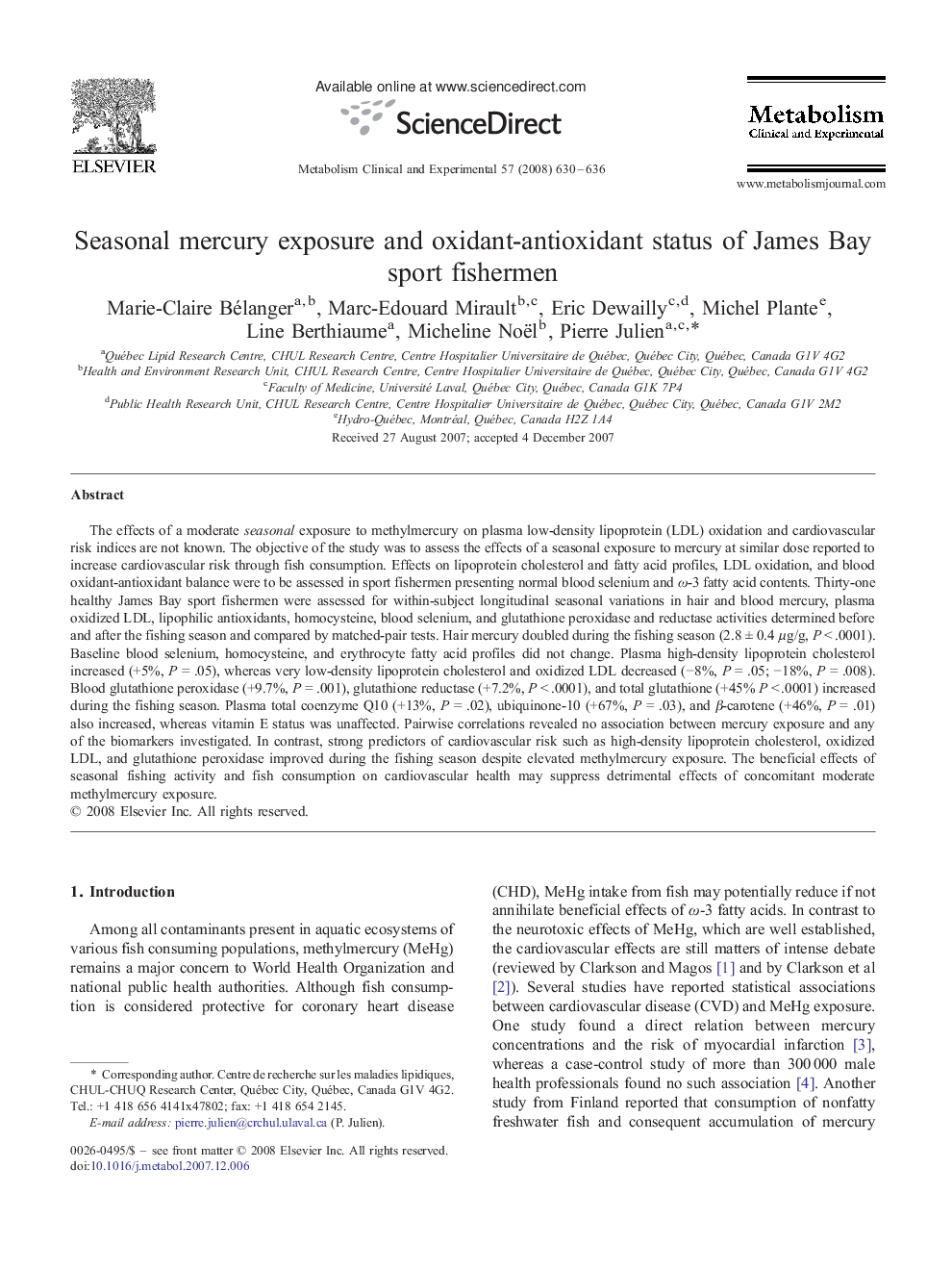 Seasonal mercury exposure and oxidant-antioxidant status of James Bay sport fishermen