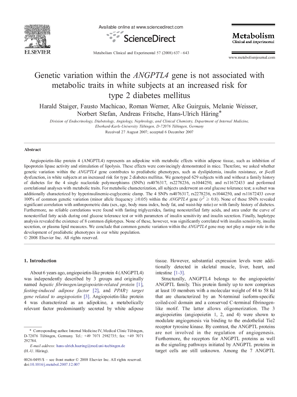 Genetic variation within the ANGPTL4 gene is not associated with metabolic traits in white subjects at an increased risk for type 2 diabetes mellitus