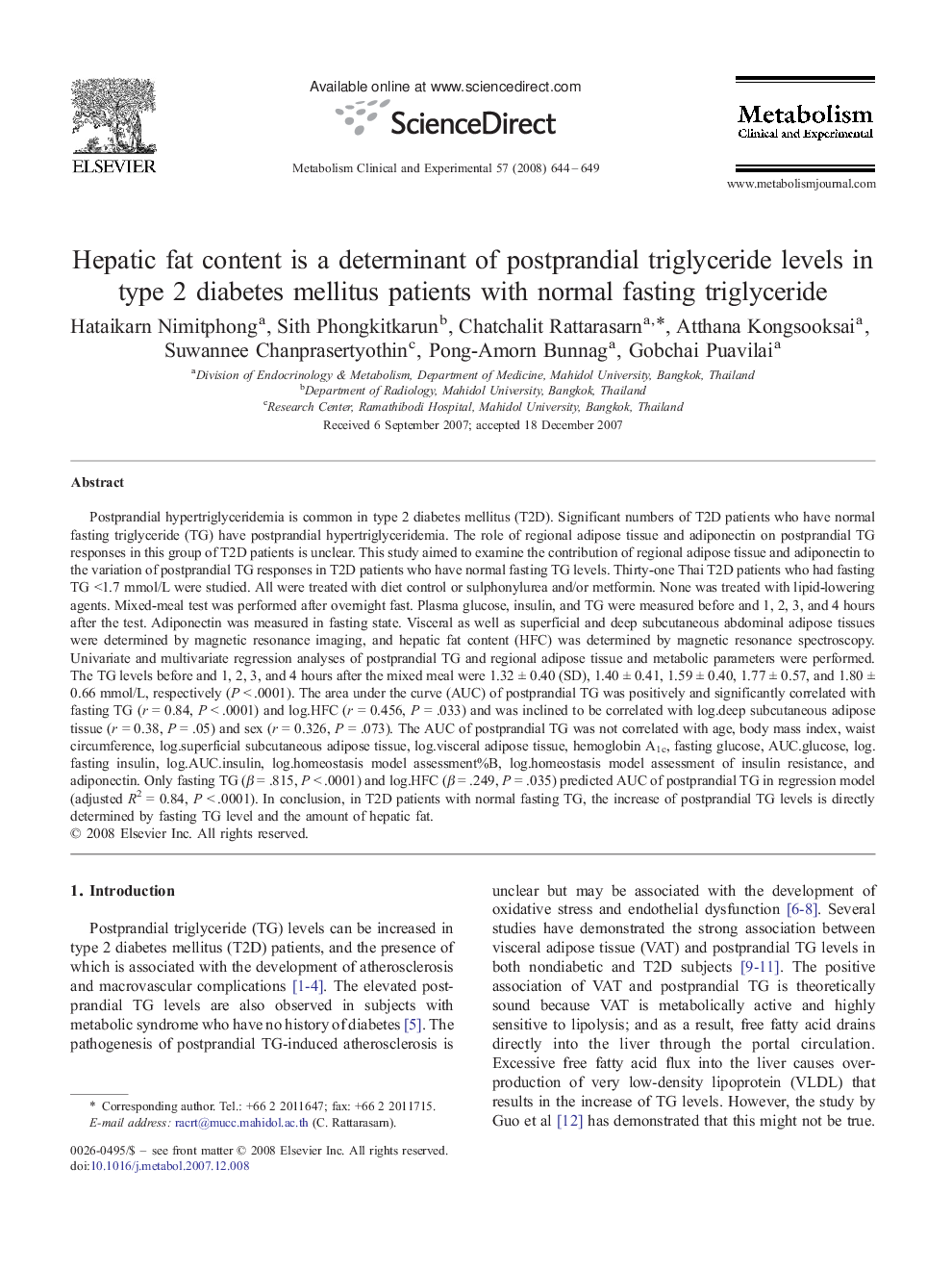 Hepatic fat content is a determinant of postprandial triglyceride levels in type 2 diabetes mellitus patients with normal fasting triglyceride
