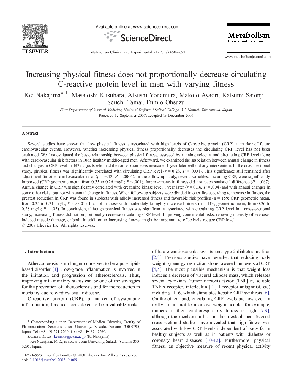 Increasing physical fitness does not proportionally decrease circulating C-reactive protein level in men with varying fitness