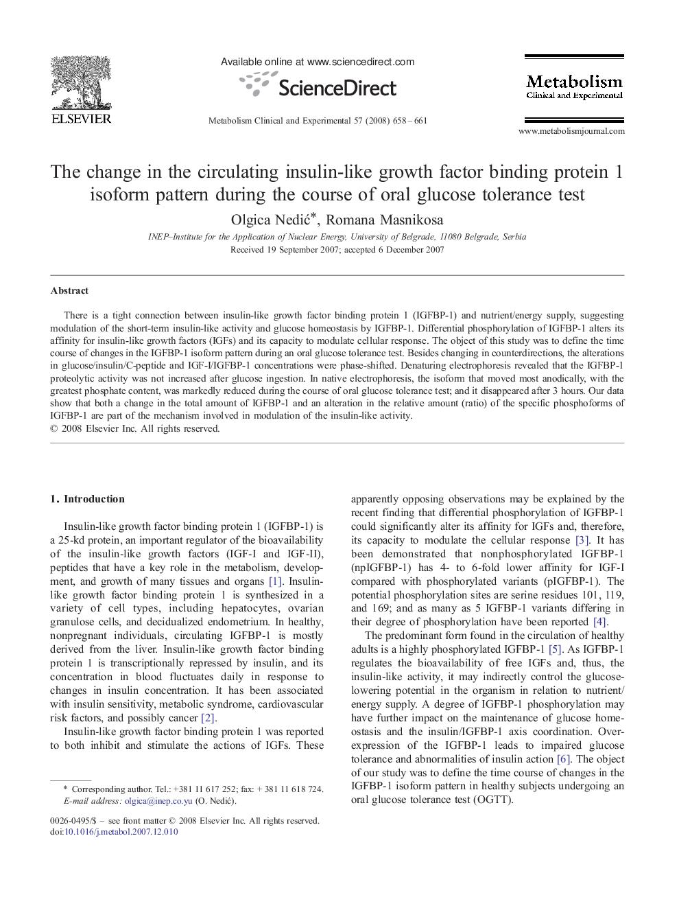 The change in the circulating insulin-like growth factor binding protein 1 isoform pattern during the course of oral glucose tolerance test