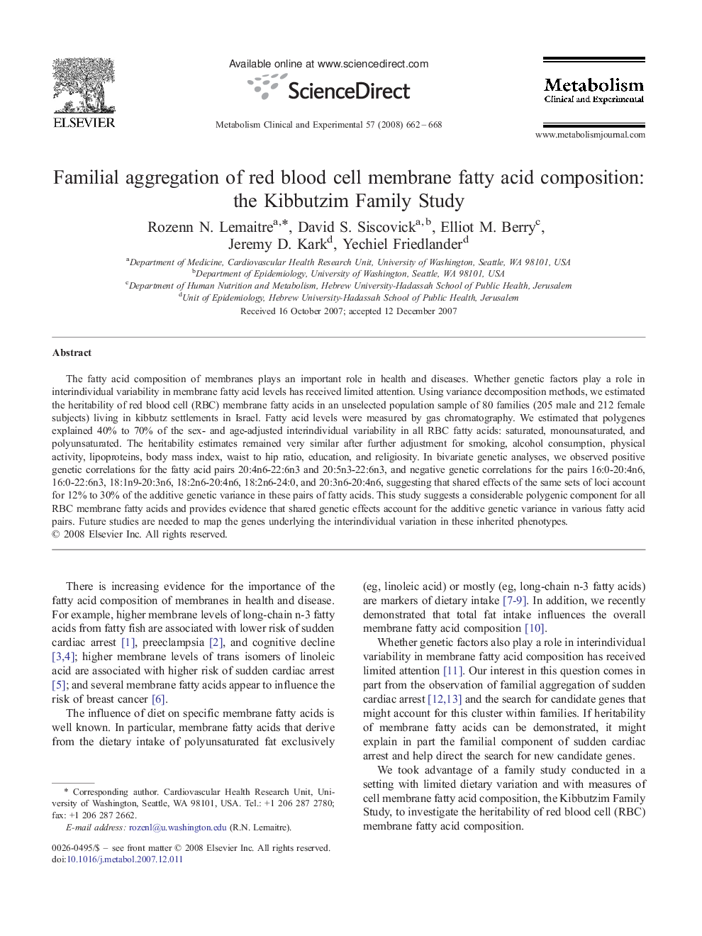 Familial aggregation of red blood cell membrane fatty acid composition: the Kibbutzim Family Study