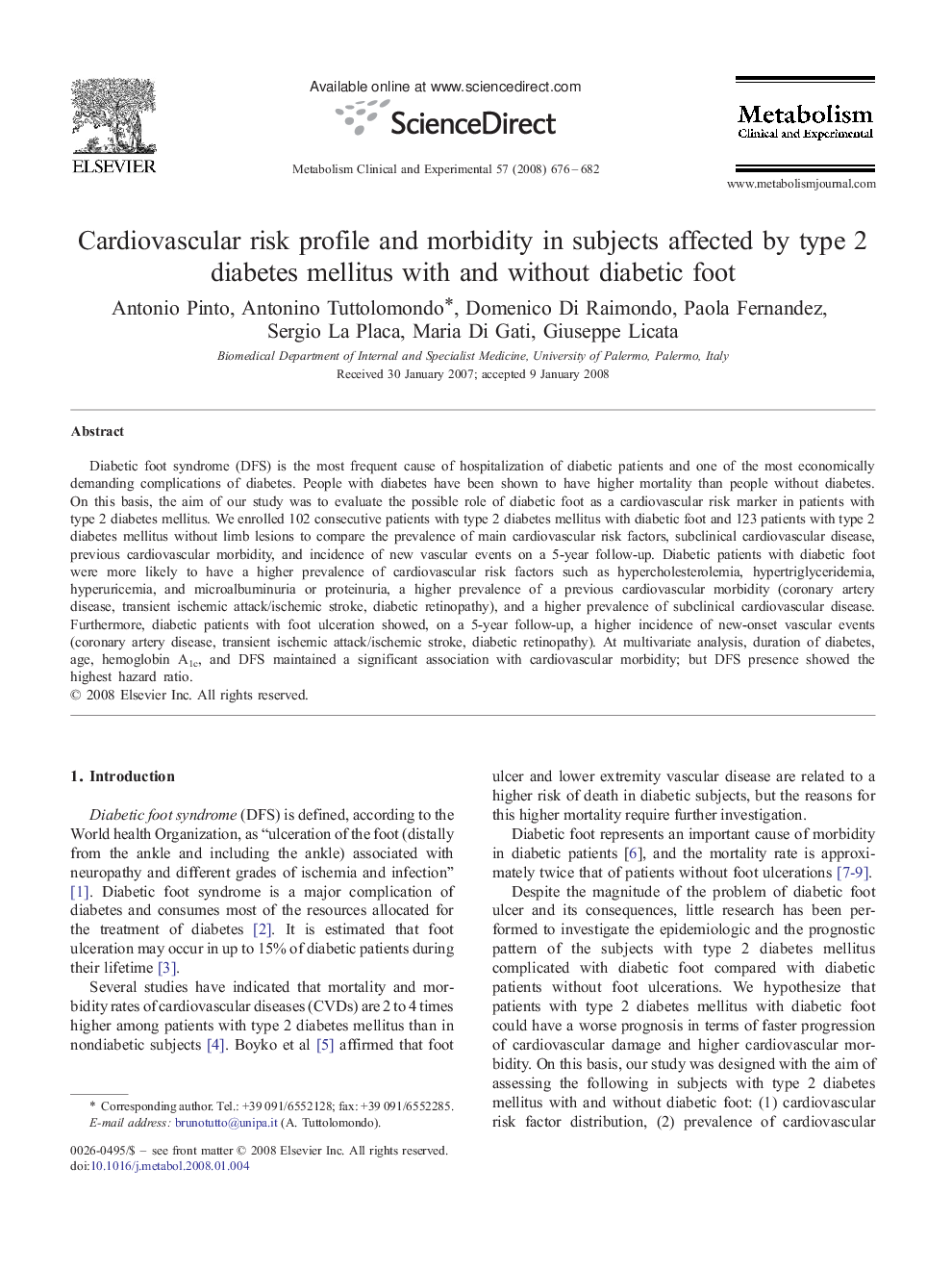 Cardiovascular risk profile and morbidity in subjects affected by type 2 diabetes mellitus with and without diabetic foot