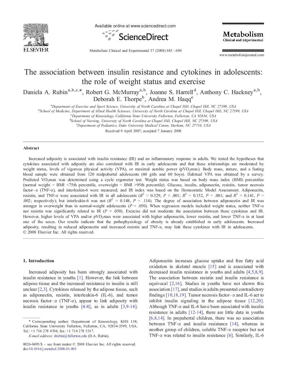The association between insulin resistance and cytokines in adolescents: the role of weight status and exercise