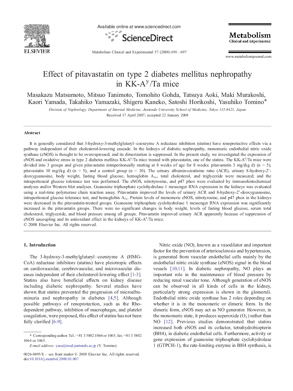 Effect of pitavastatin on type 2 diabetes mellitus nephropathy in KK-Ay/Ta mice