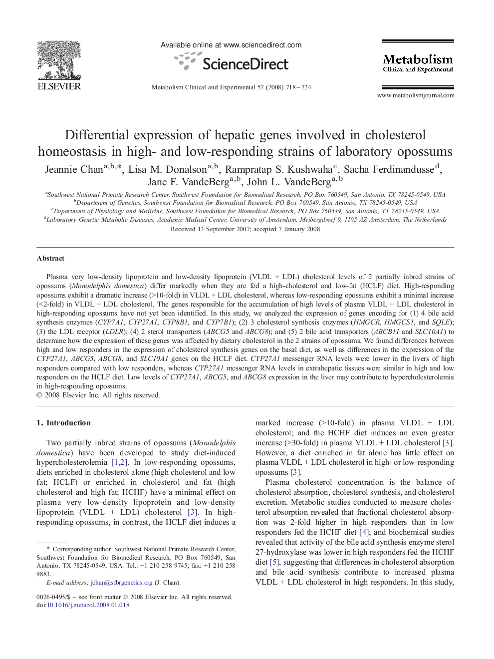 عکس صفحه اول مقاله: Differential expression of hepatic genes involved in cholesterol homeostasis in high- and low-responding strains of laboratory opossums Differential expression of hepatic genes involved in cholesterol homeostasis in high- and low-responding strains of laboratory opossums