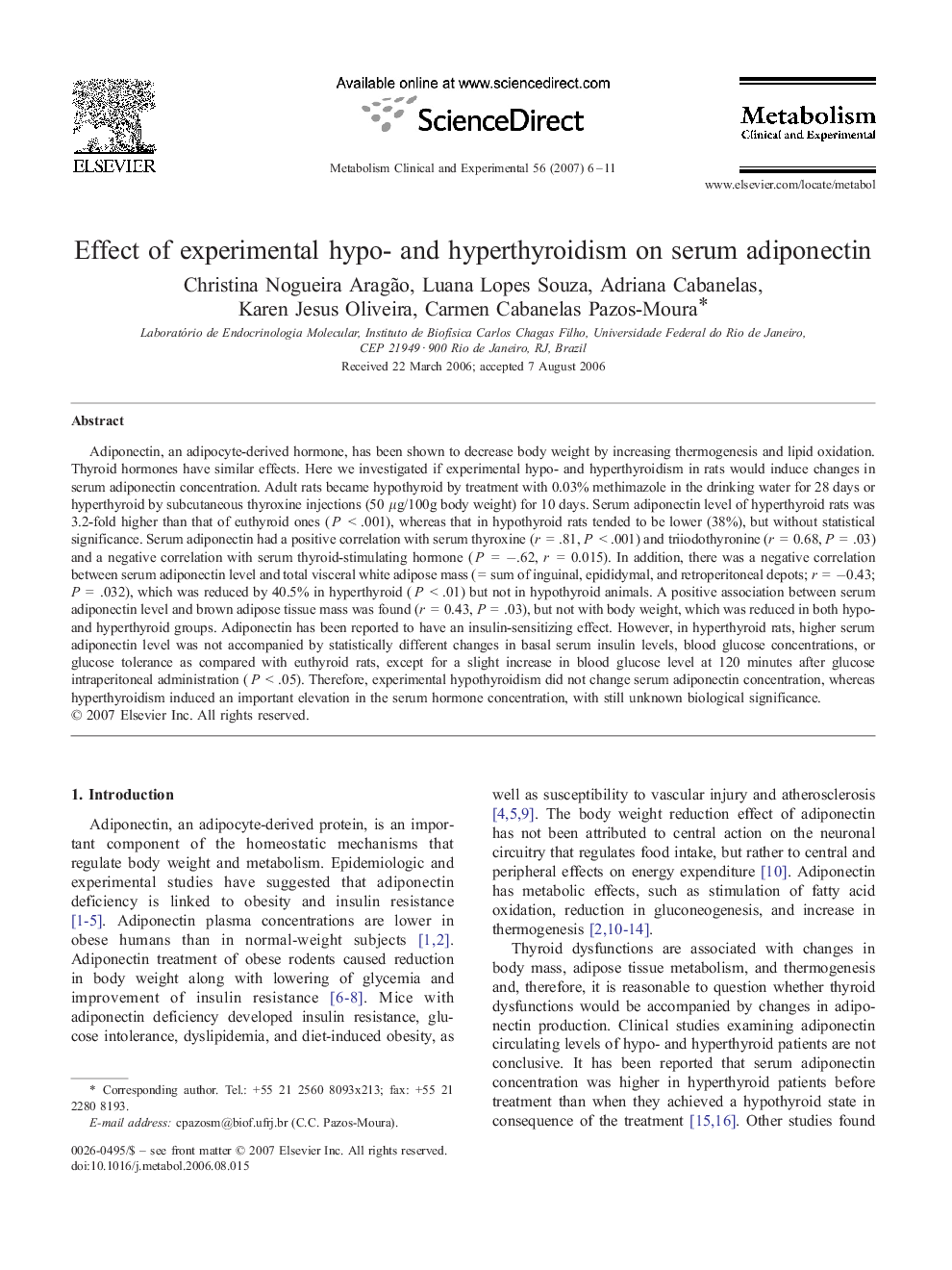 Effect of experimental hypo- and hyperthyroidism on serum adiponectin