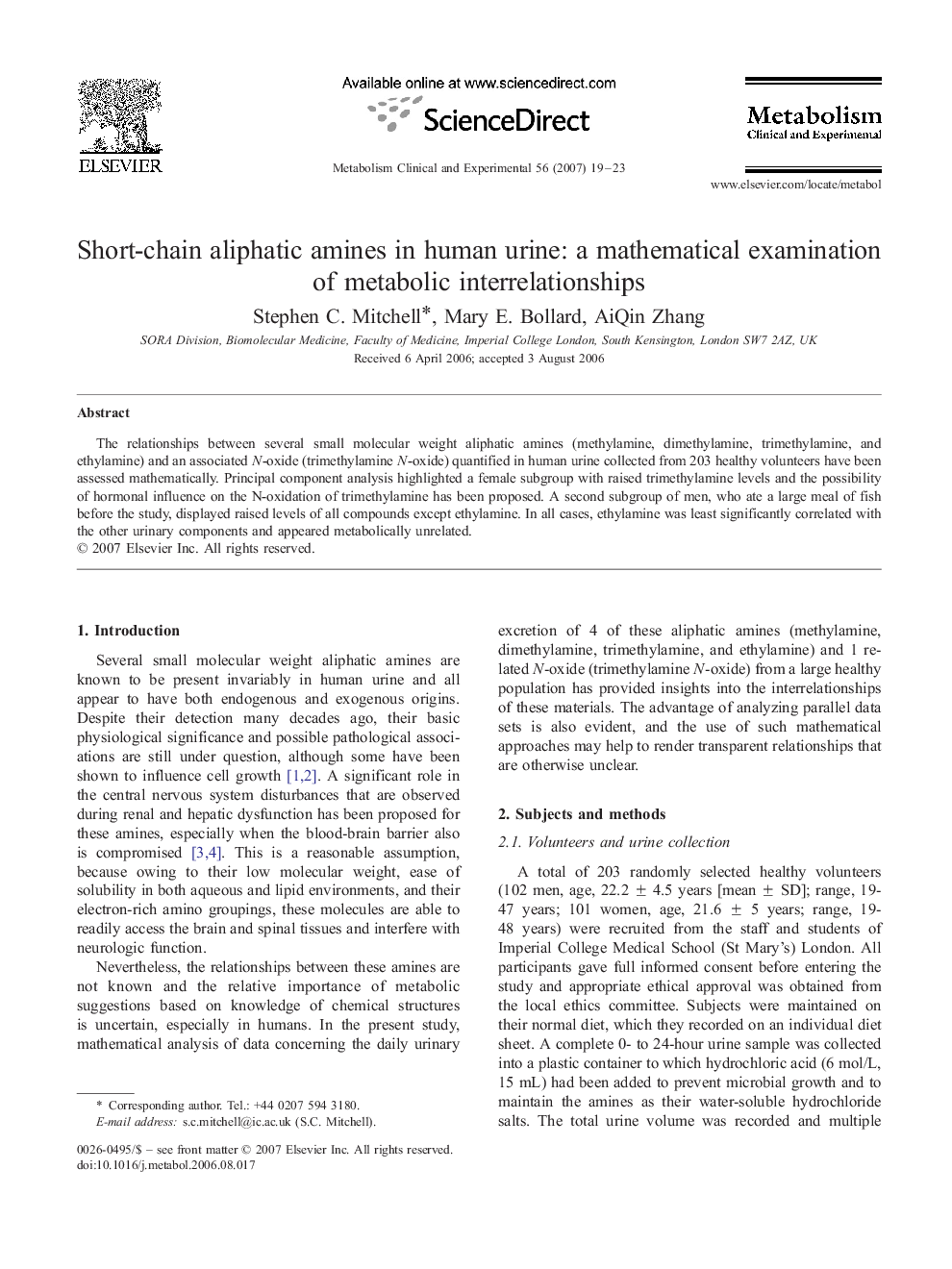 Short-chain aliphatic amines in human urine: a mathematical examination of metabolic interrelationships