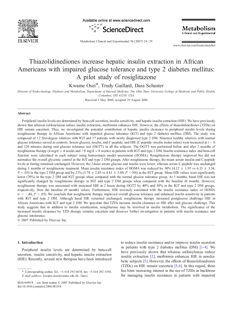 Thiazolidinediones increase hepatic insulin extraction in African Americans with impaired glucose tolerance and type 2 diabetes mellitus. A pilot study of rosiglitazone