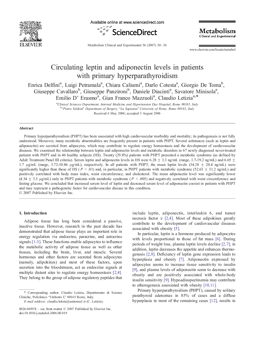 Circulating leptin and adiponectin levels in patients with primary hyperparathyroidism